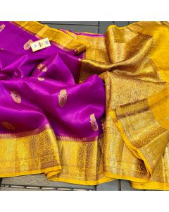 Banaras Handloom Kora Organza silk in Magenta with Mustard Kanchi Border Pallu