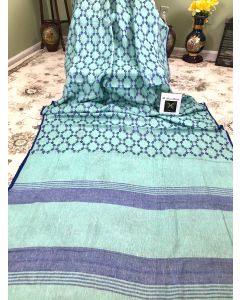 Sea Green Linen 100% with Blue Dobby Weaving 