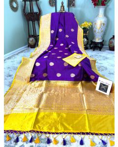 Banaras Handloom Pure Katan Silk in Purple with Golden Yellow Border and Pallu