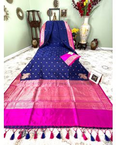 Banaras Handloom Pure Katan Silk in Dark Blue with Pink Border and Pallu and Konia Buttas