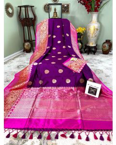 Banaras Handloom Pure Katan silk in Plum with Orange/ Pink Border