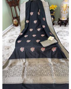 Banaras Handloom Katan Silk in Black with Floral Tilfi Meena Buttas