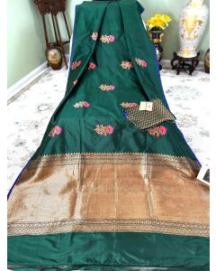 Banaras Handloom Borderless Katan Silk in Peacock Green with Floral Tilfi Meena Buttas
