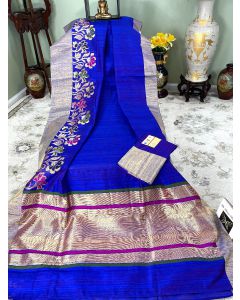 Banaras Dupion Tussar Silk in Violet with Floral Border