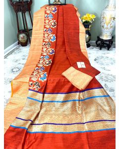 Banaras Dupion Tussar Silk in Rust with Floral Border