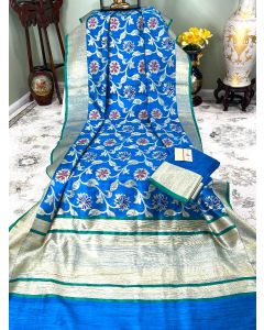 Banaras Handloom Dupion Tussar Silk in Firoza with Floral Jaal