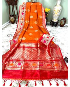 Banaras Handloom Tussar Silk in Rust with Meenakari Red Border Pallu