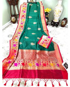 Banaras Handloom Tussar Silk in Dark Green with Meenakari Red Border Pallu