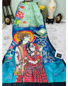 Hand Painting of Radha Krishna and Batik on Pure Bishnupuri Silk in Pista