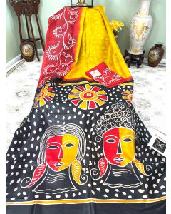 Hand Painting and Batik on Pure Bishnupuri Silk in Red/Yellow