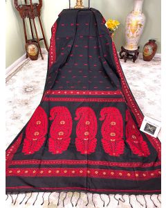 Mercerized Cotton Baluchari in Black with Red Pallu