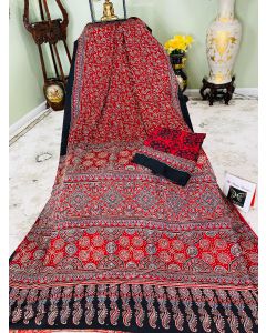 Hand Block Ajrakh Print on Pure Modal Silk in Red - 5