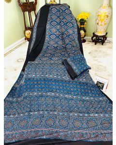 Hand Block Ajrakh Print on Pure Modal Silk in Blue/Black - 2