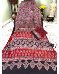 Hand Block Ajrakh Print on Pure Modal Silk in Red - 3