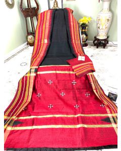 Handloom Pure Raw Silk with Vidarbha Temple in Black with Red Borders/Pallu