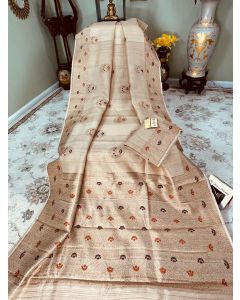 Banaras Handloom Tussar Silk in Natural with Meena Buttis - 1